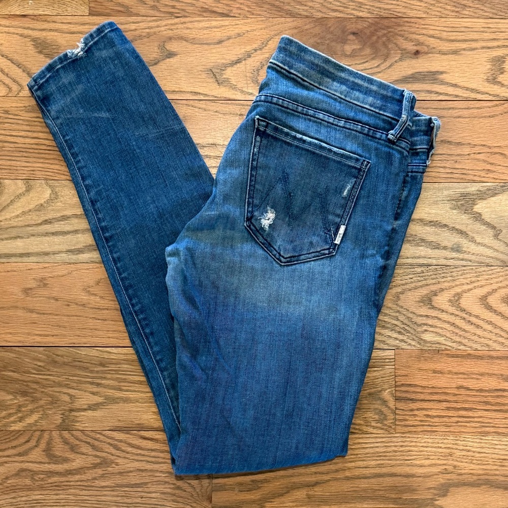 MOTHER Denim The Looker Graffiti Girl Dark Blue Skinny Jeans